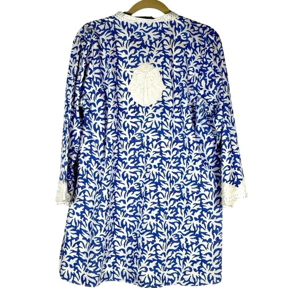 Sulu Collection Blue White Embroidered Cotton Tunic XL Boho Resort Coastal Chic - Picture 4 of 11
